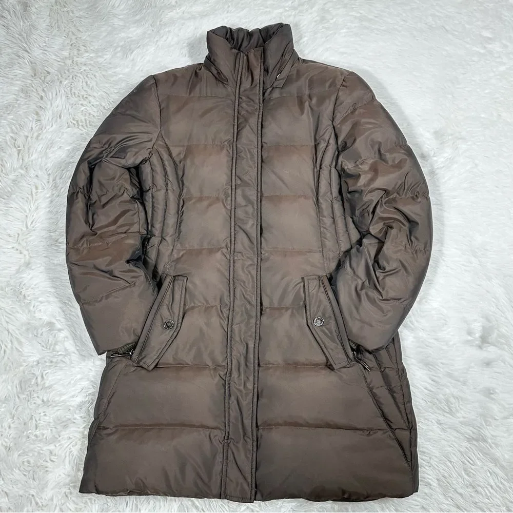 Anne Klein Womens Puffer Coat Size Small Brown Down Feather Fill Winter Jacket
